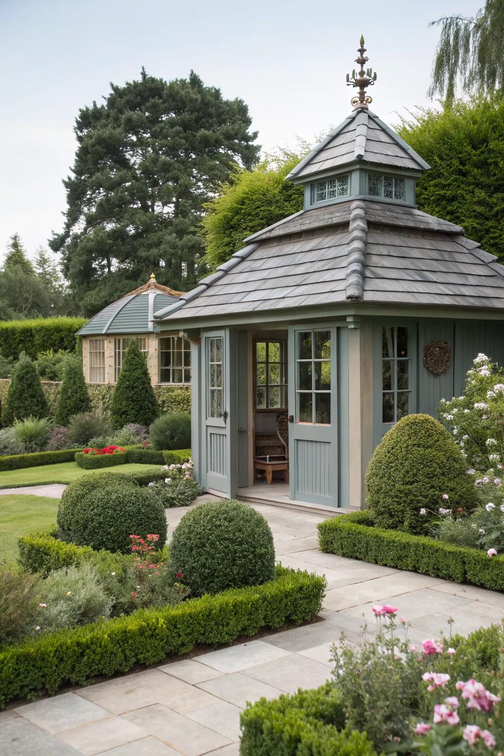 A multi-tiered overhang that adds depth and visual interest to your shed.
