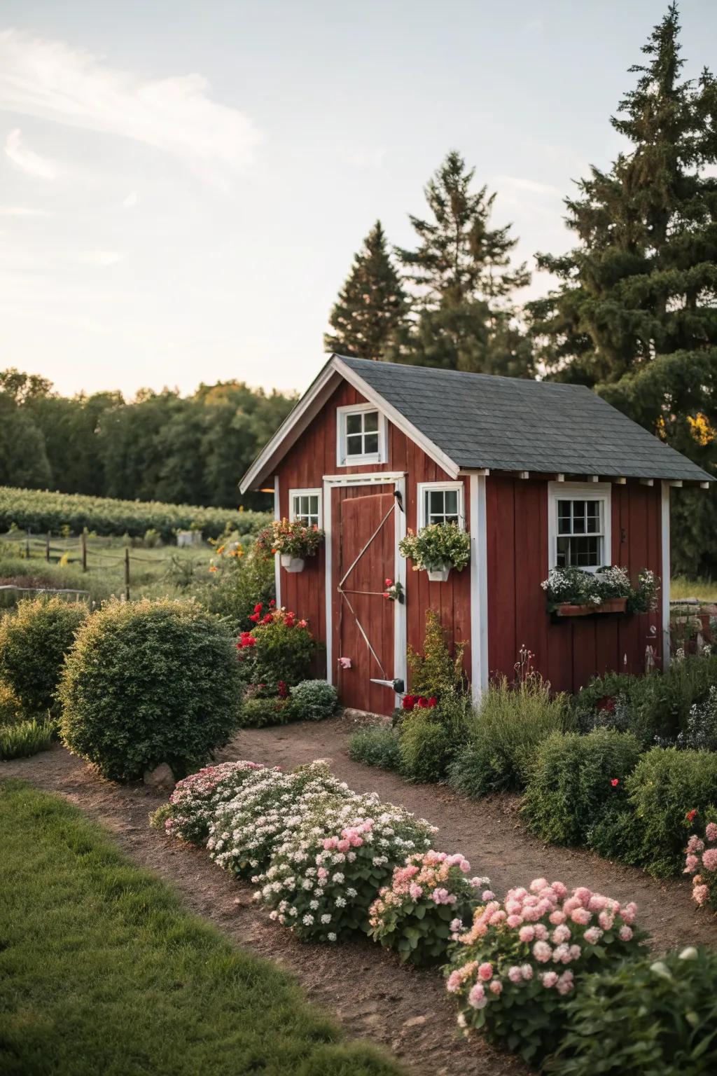 Red sheds bring a rustic, barn-like charm to gardens.