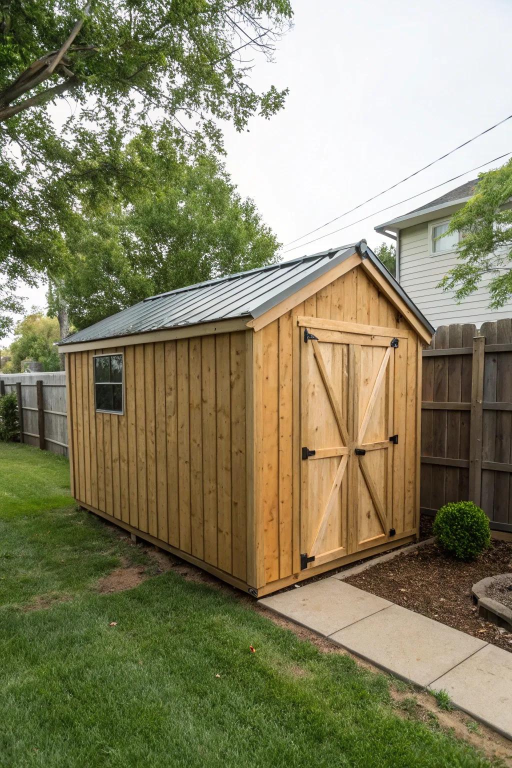 A cleverly positioned shed in a backyard corner.