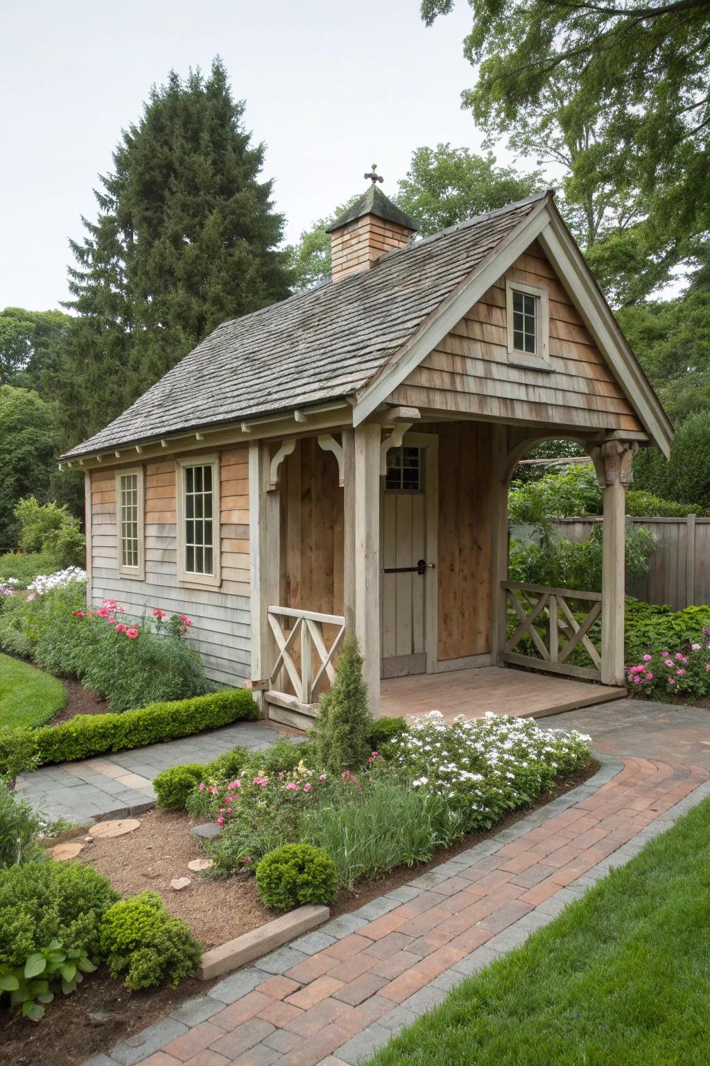 Classic gable porch roof on a shed in a traditional garden setting.