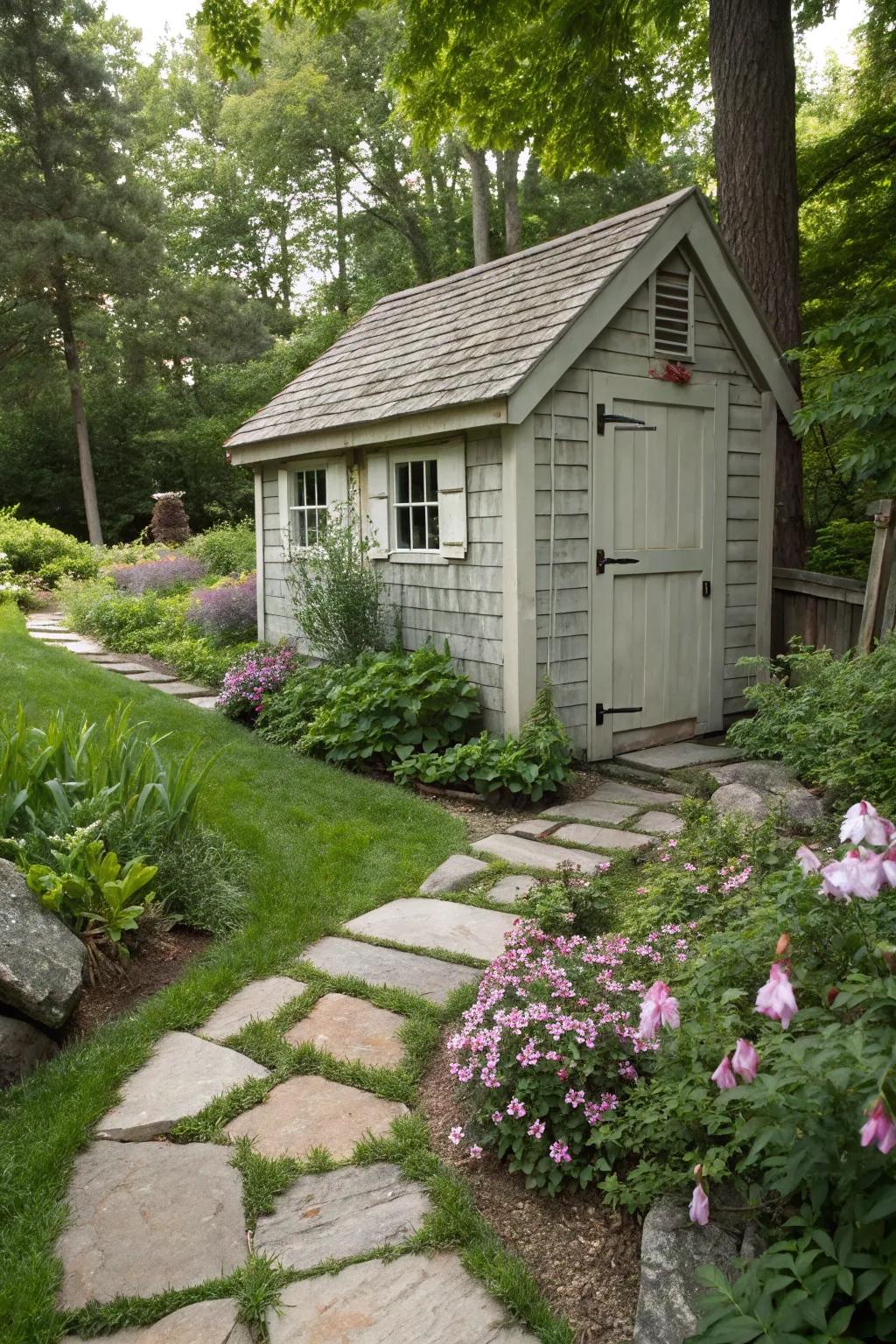 Charming saltbox roof shed, perfect for quaint garden aesthetics.