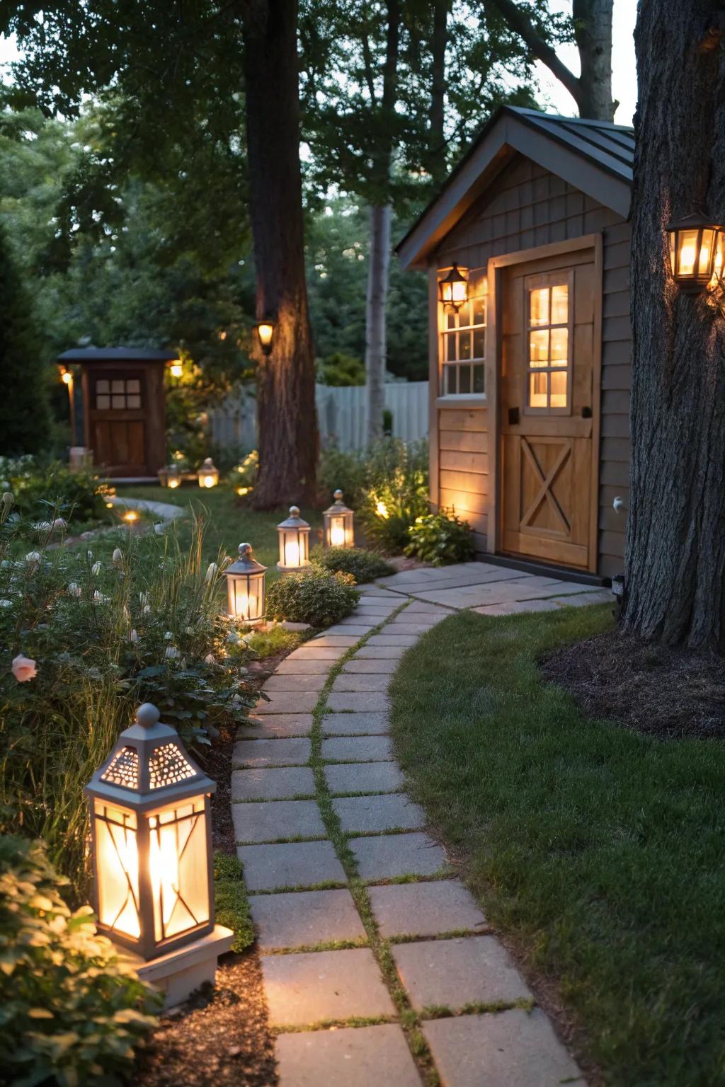 Lanterns add both safety and ambiance to your shed walkway.