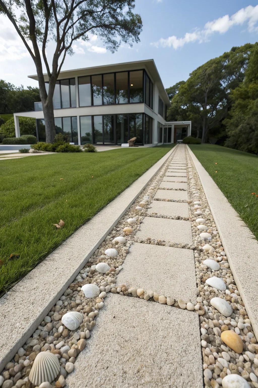 Symmetrical shell placement creates a clean and contemporary driveway.