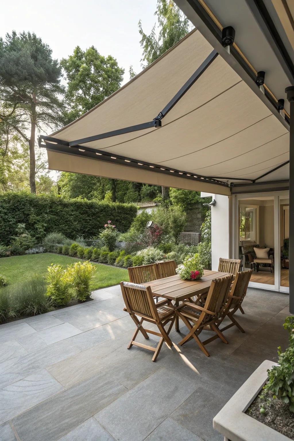 Retractable awnings offer adaptable garden coverage.