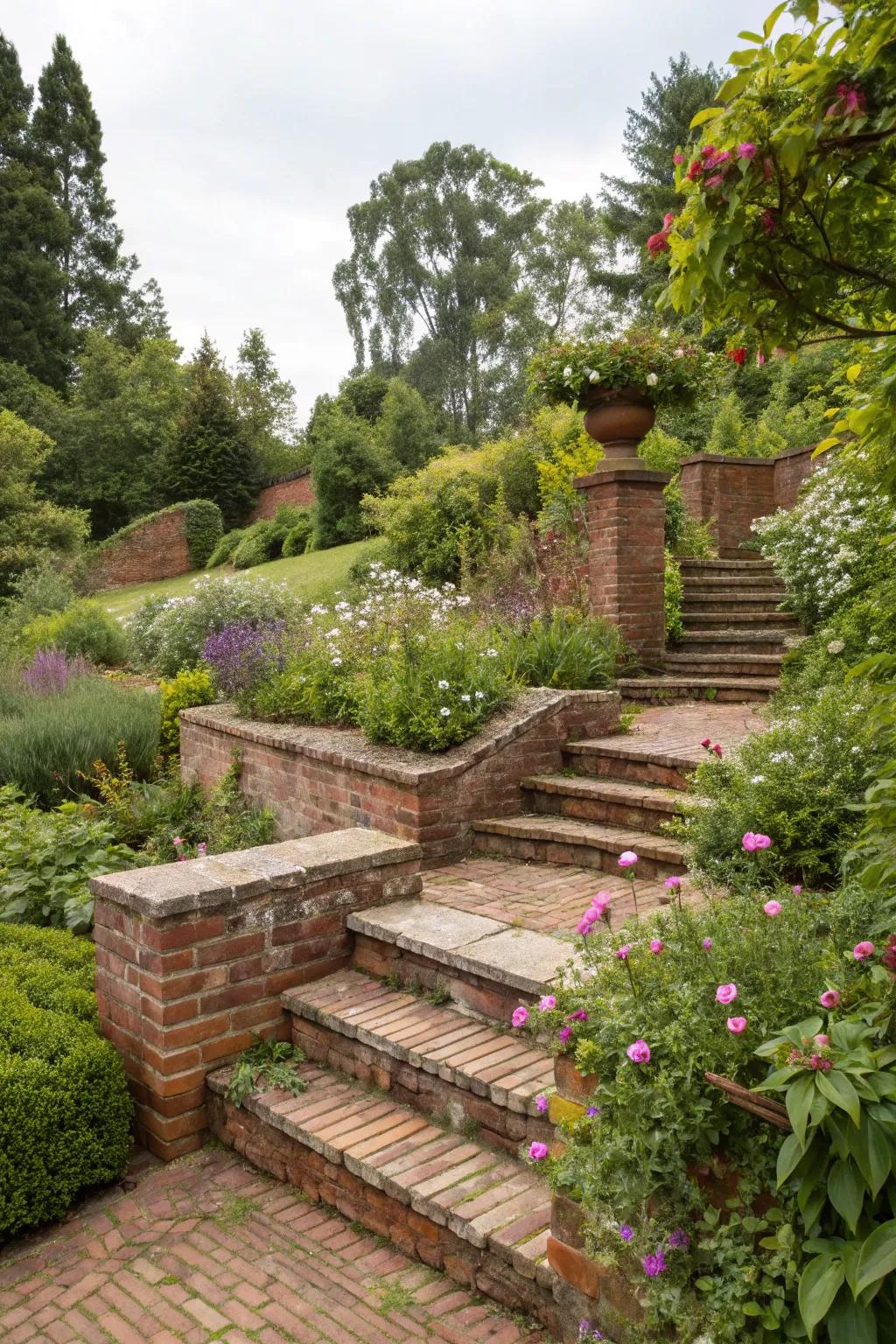 Add depth to your garden with brick steps and levels.