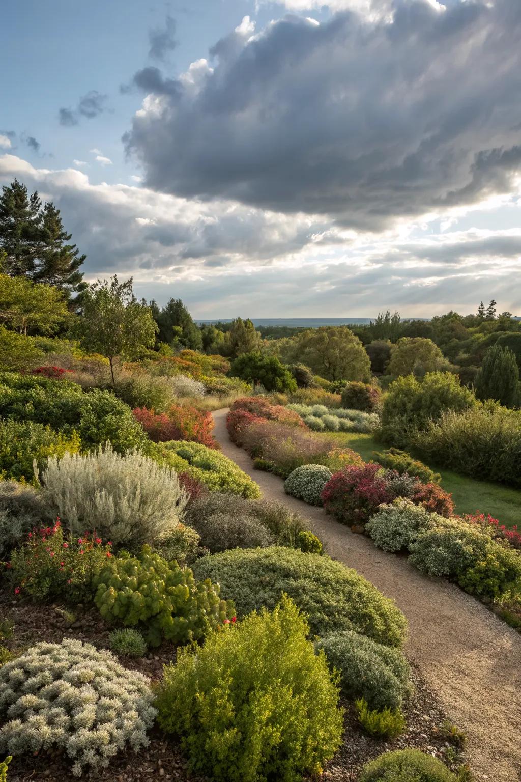 A garden with a natural, flowing shrub layout.