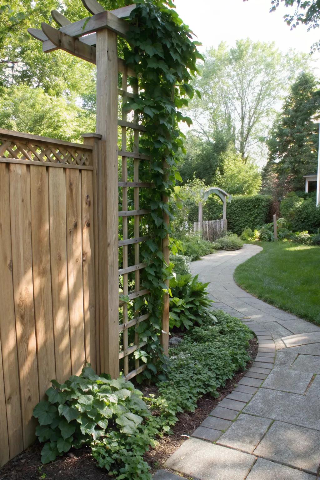A wooden trellis with climbing ivy adds height to a side garden.