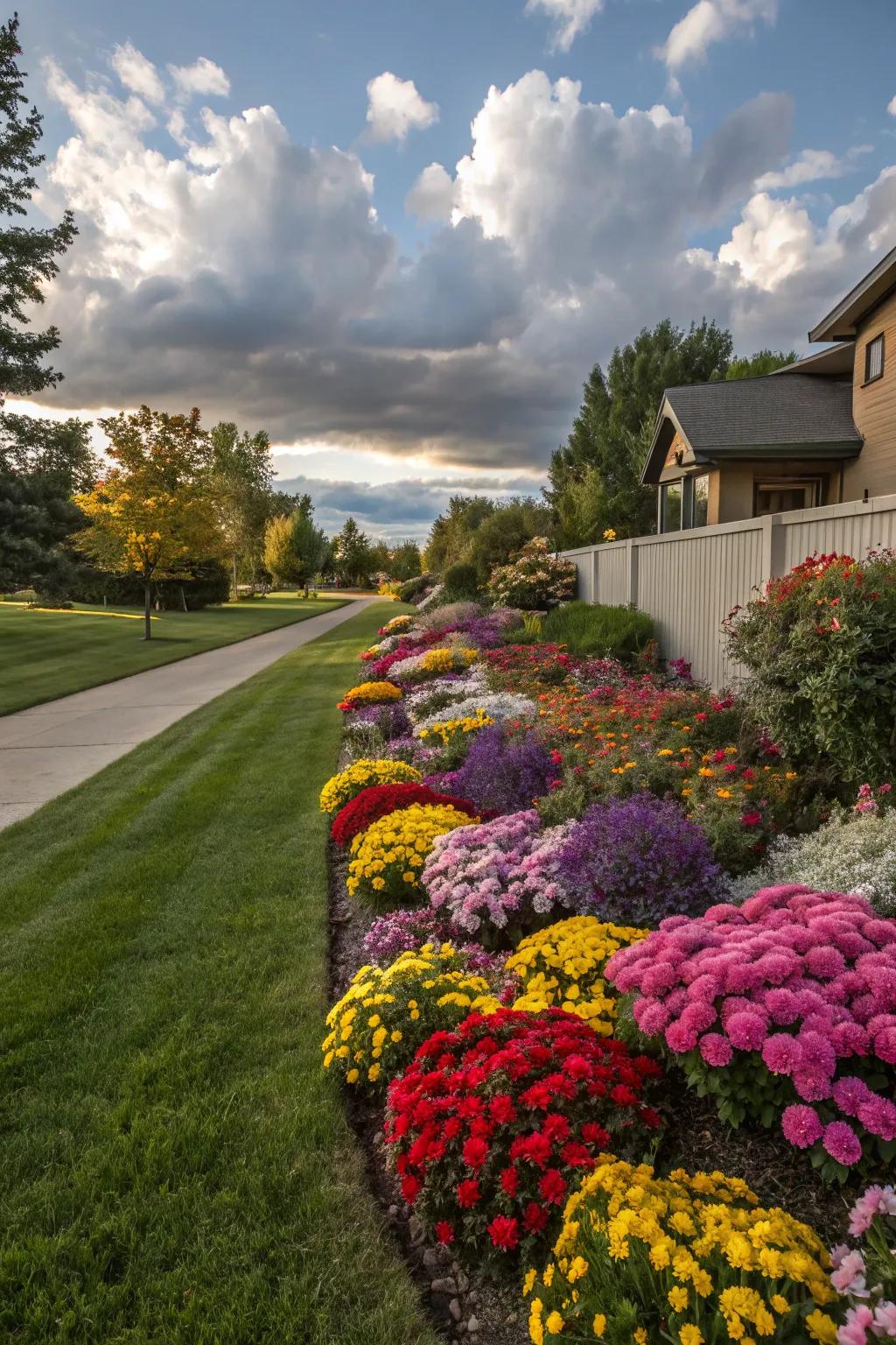 Colorful flower beds bring life and beauty to the side yard.