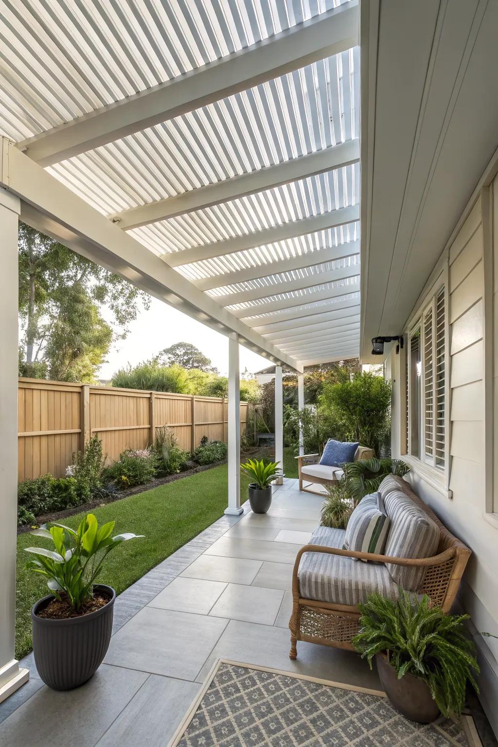 Control sunlight and ventilation with a louvered roof system.
