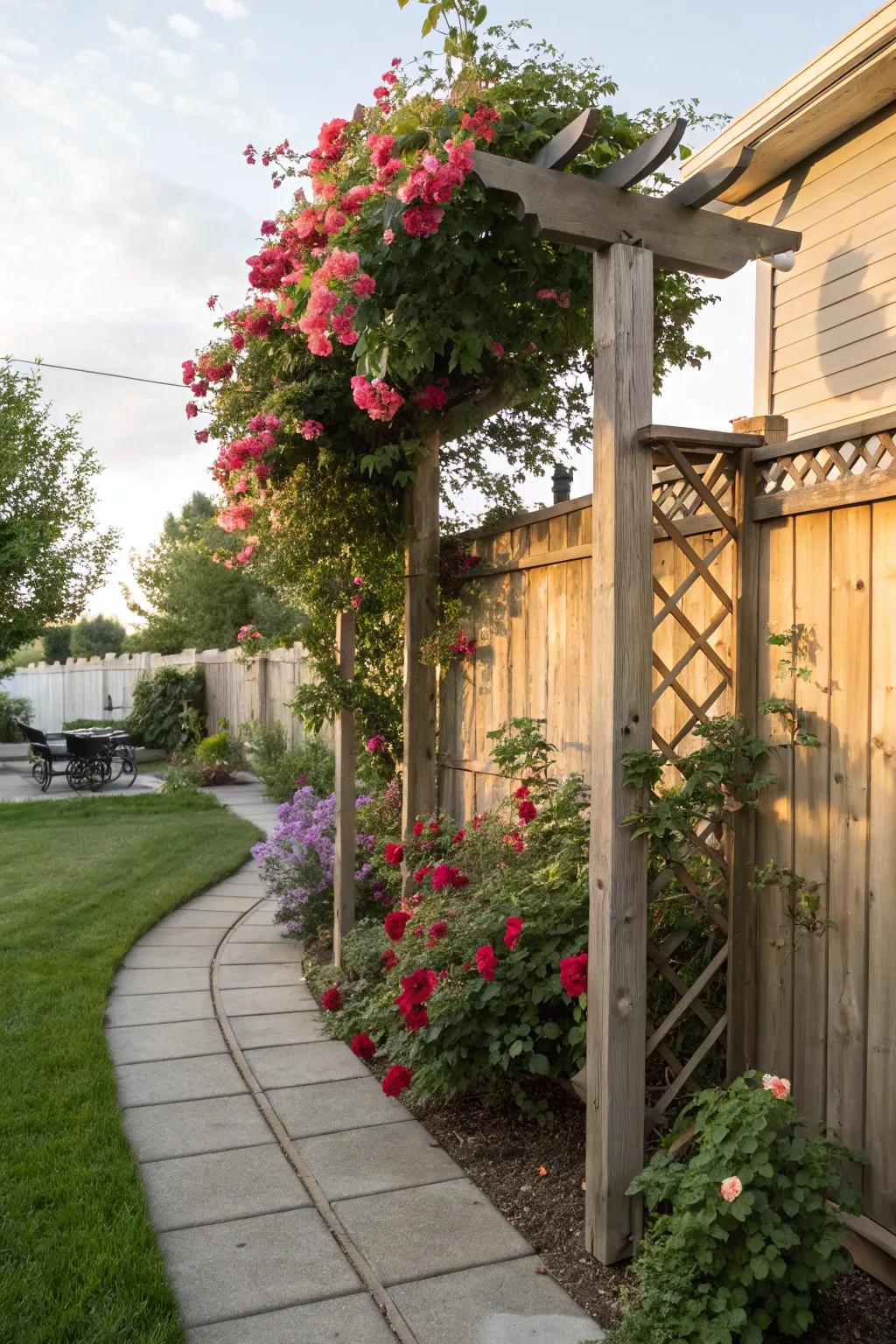 A trellis with climbers adds natural shade and beauty.