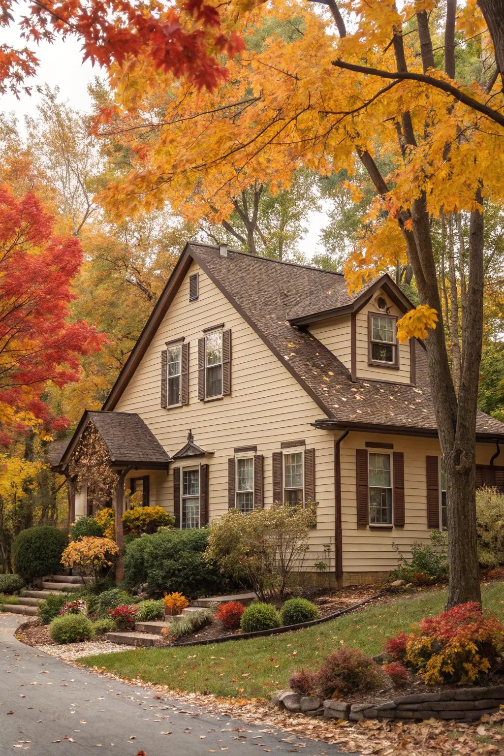Beige siding with brown trim creates a cozy and inviting atmosphere.