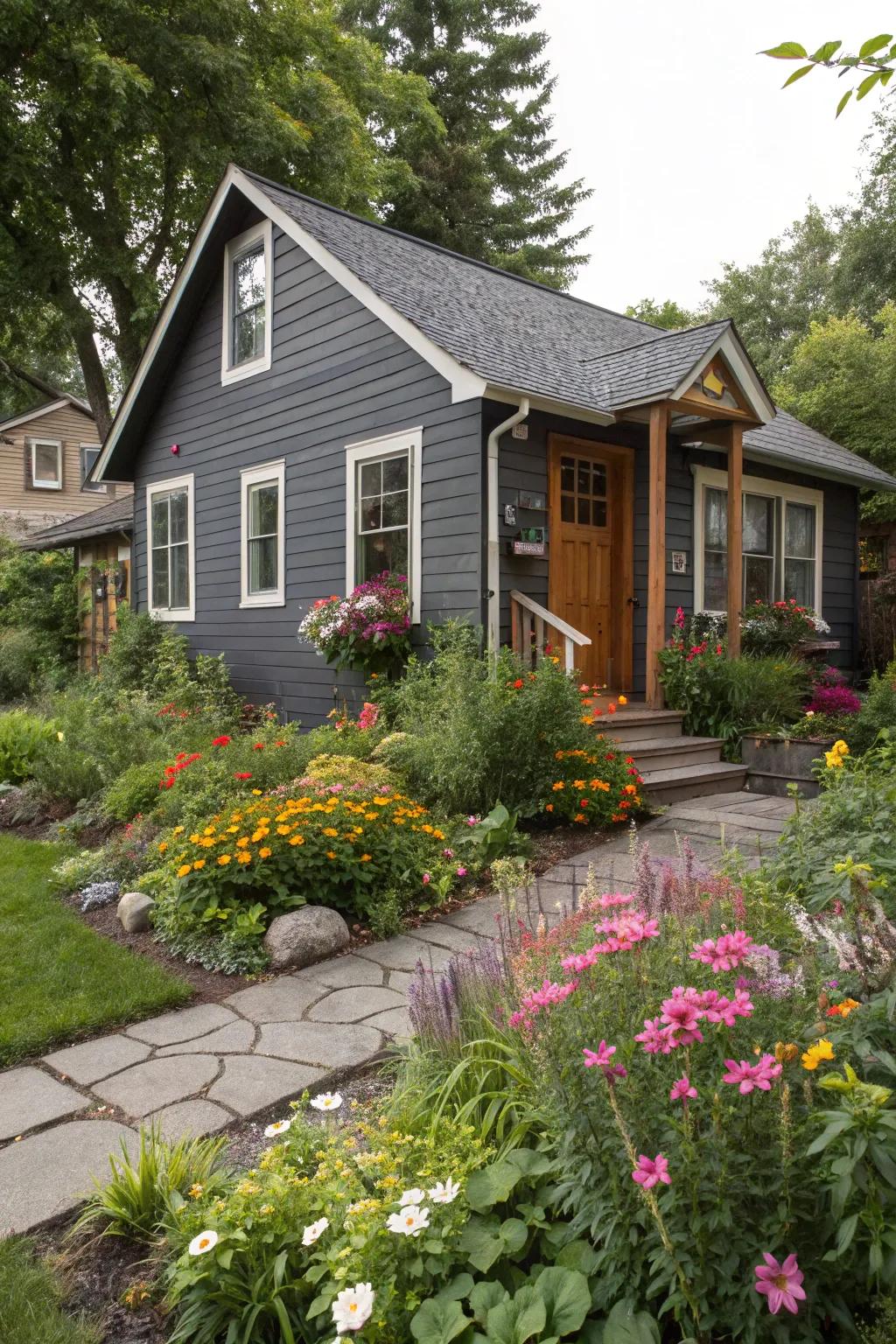 Dark siding adds drama and coziness to this inviting home.