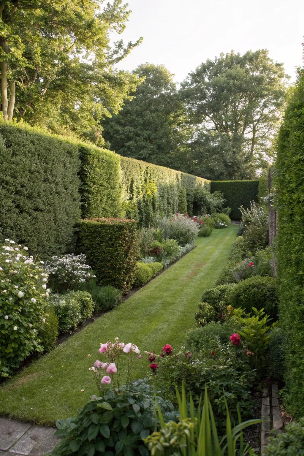 Tall hedges creating a private and intimate garden space.