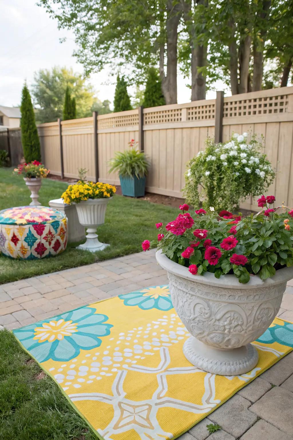 Decorative touches like rugs and planters add personality to your backyard.