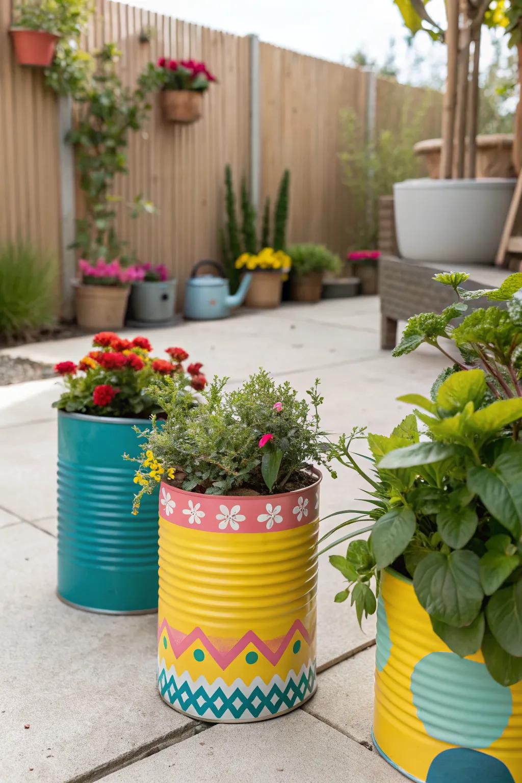 DIY planters add a personal and colorful touch.
