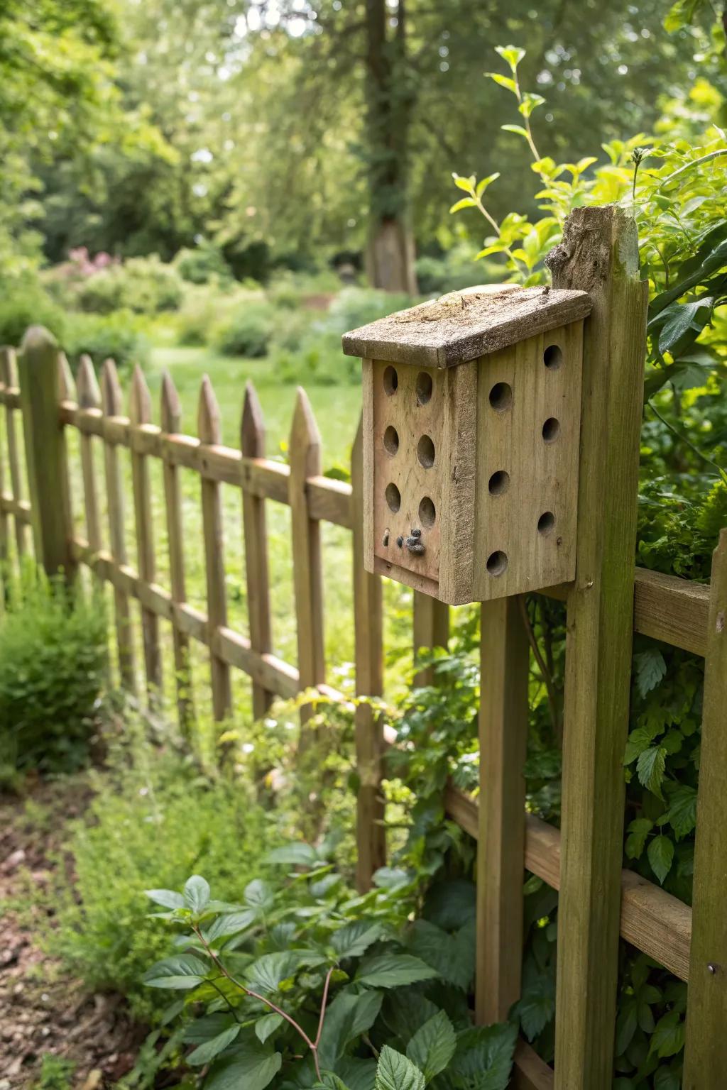 A modern minimalist bug hotel made from a wooden block.