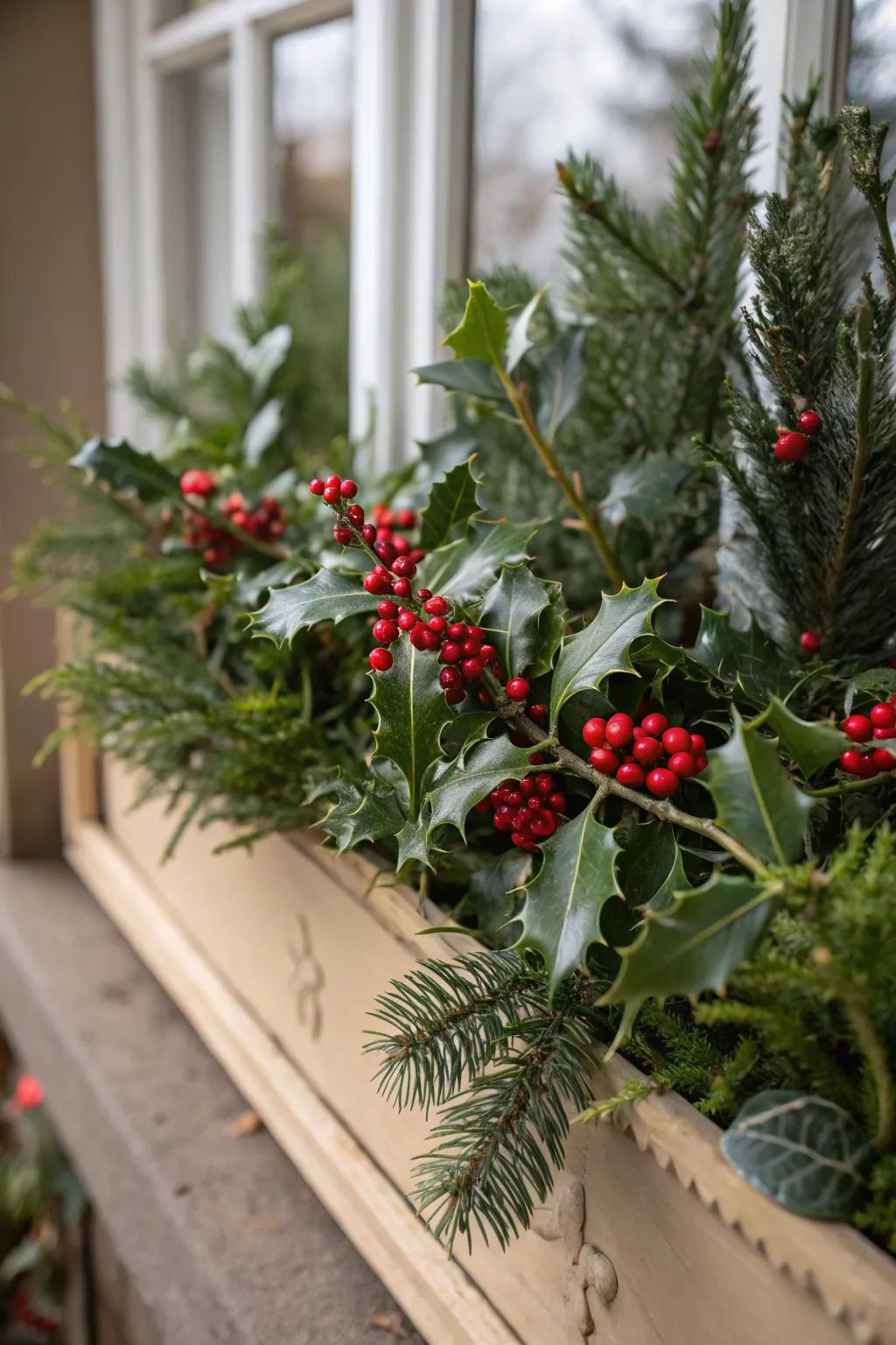 Holly and berries bring a traditional touch to holiday arrangements.