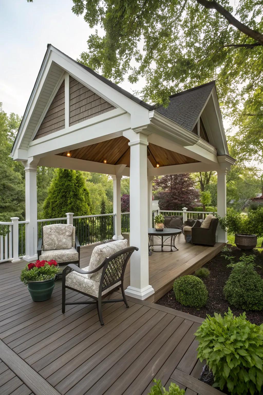 A gabled roof adds classic charm to your deck.