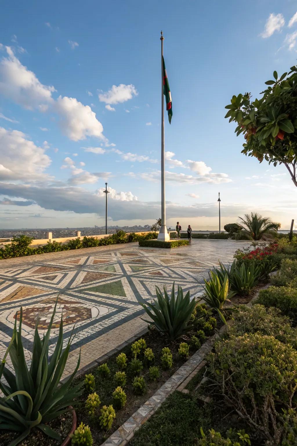 Geometric patterns add a modern twist to your flagpole landscape.