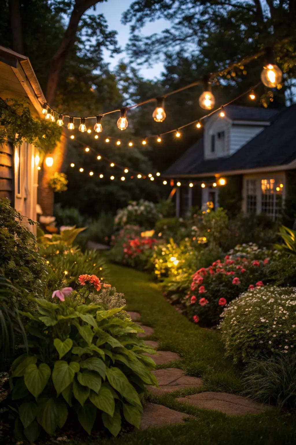 String lights casting a warm glow over the garden.