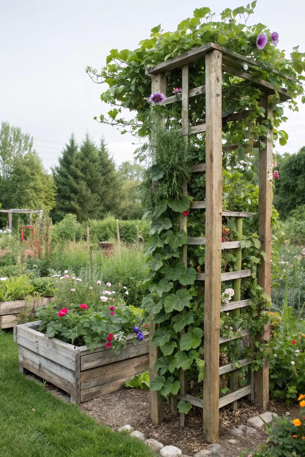 A freestanding trellis crafted from pallets supports beautiful climbers.