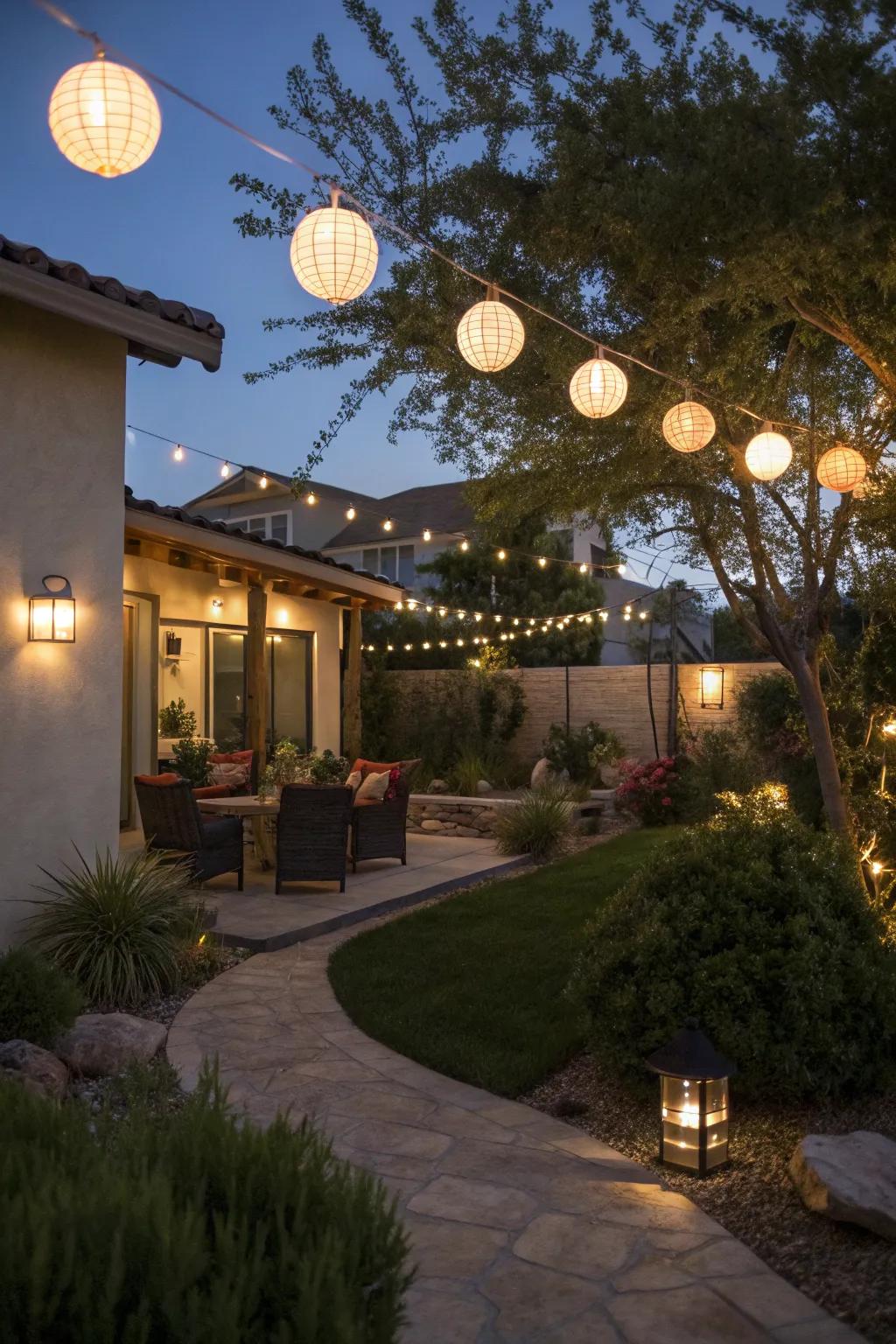 Decorative lighting transforms your backyard at night.