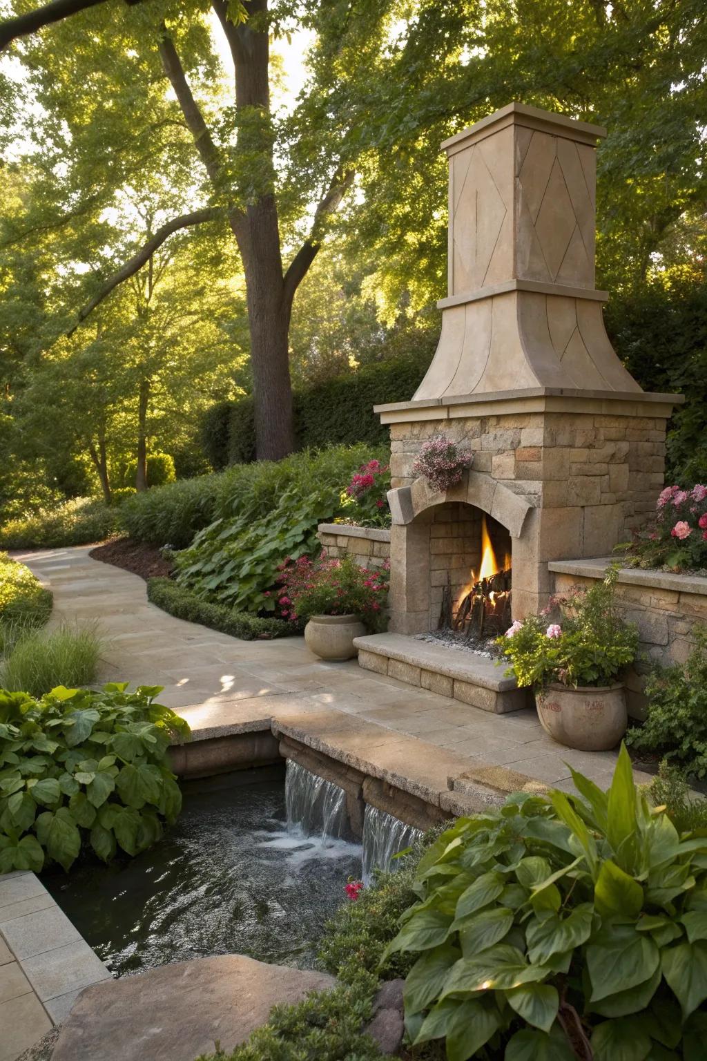 Experience tranquility with a fireplace and water feature duo.