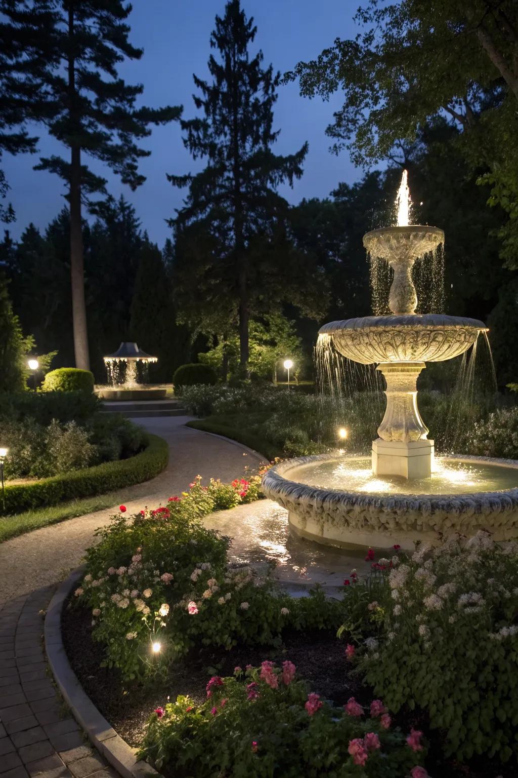 Create nighttime magic with an illuminated fountain.