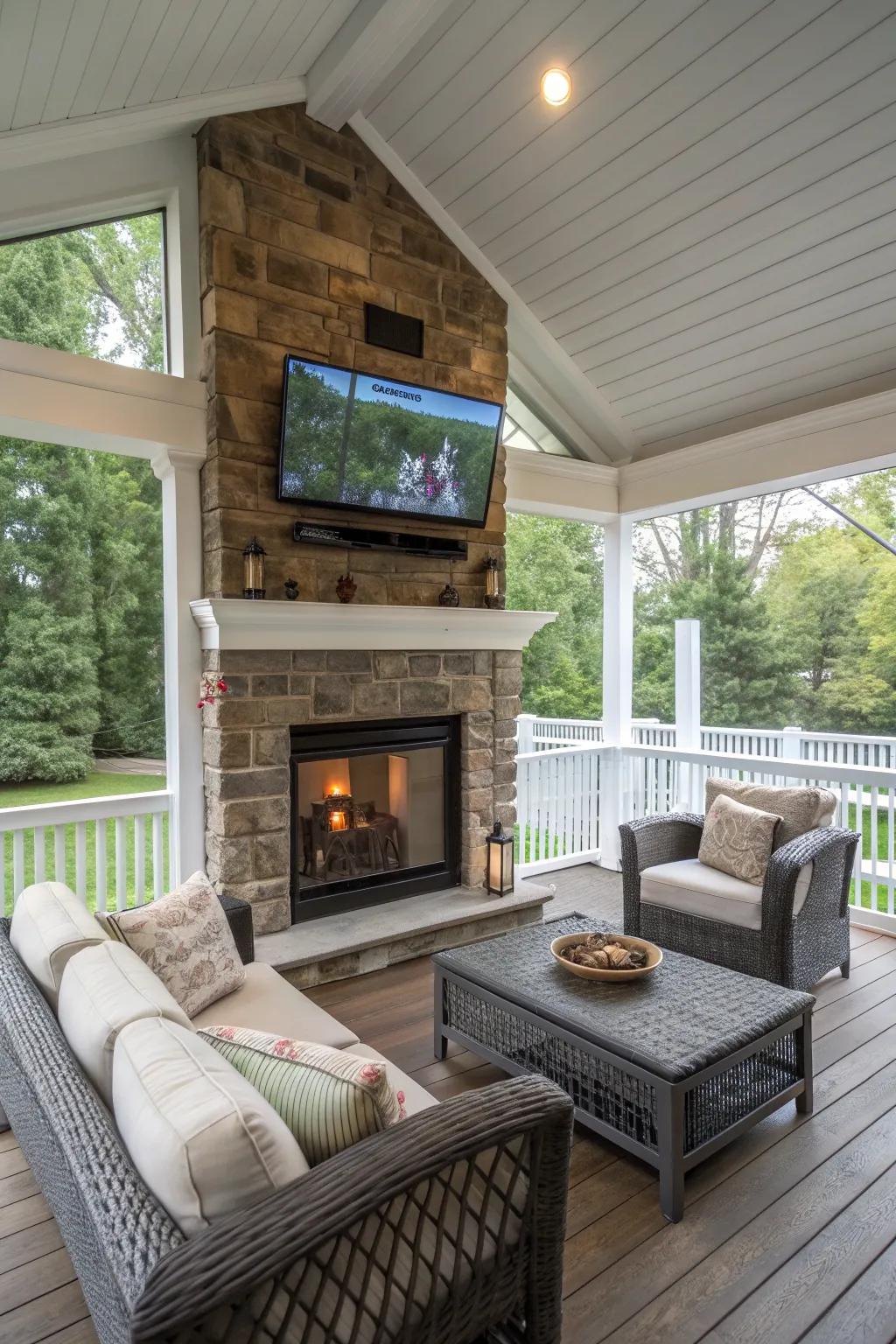 A TV mounted above the fireplace enhances the entertainment value of this porch.