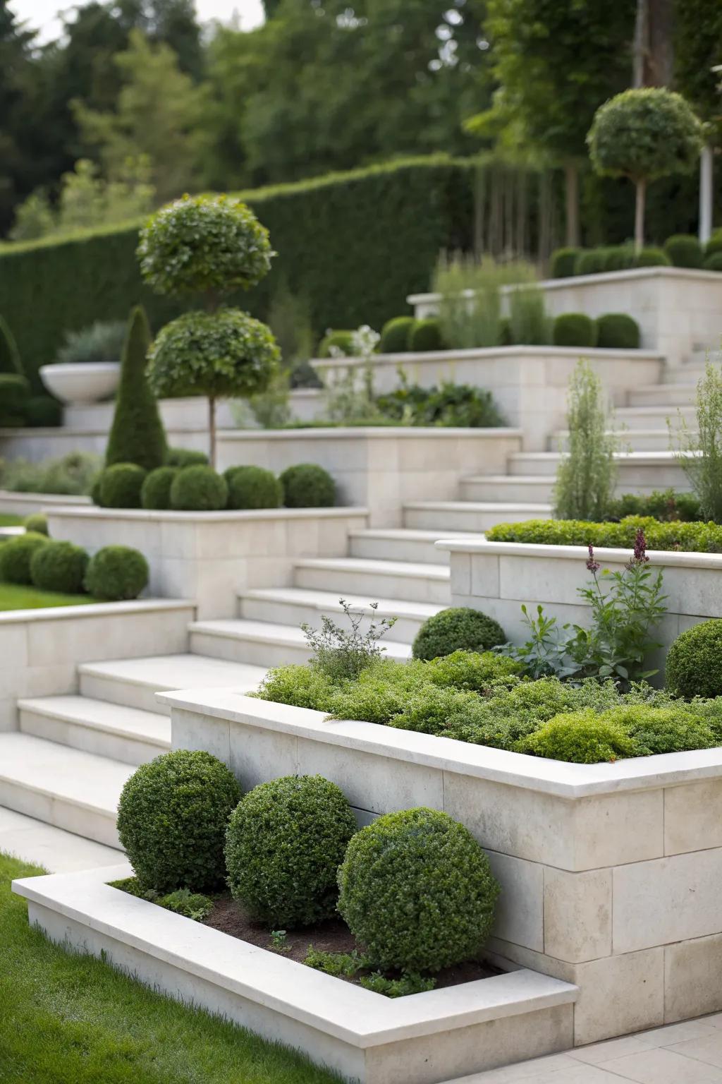 A minimalist tiered garden with clean lines and simplicity.