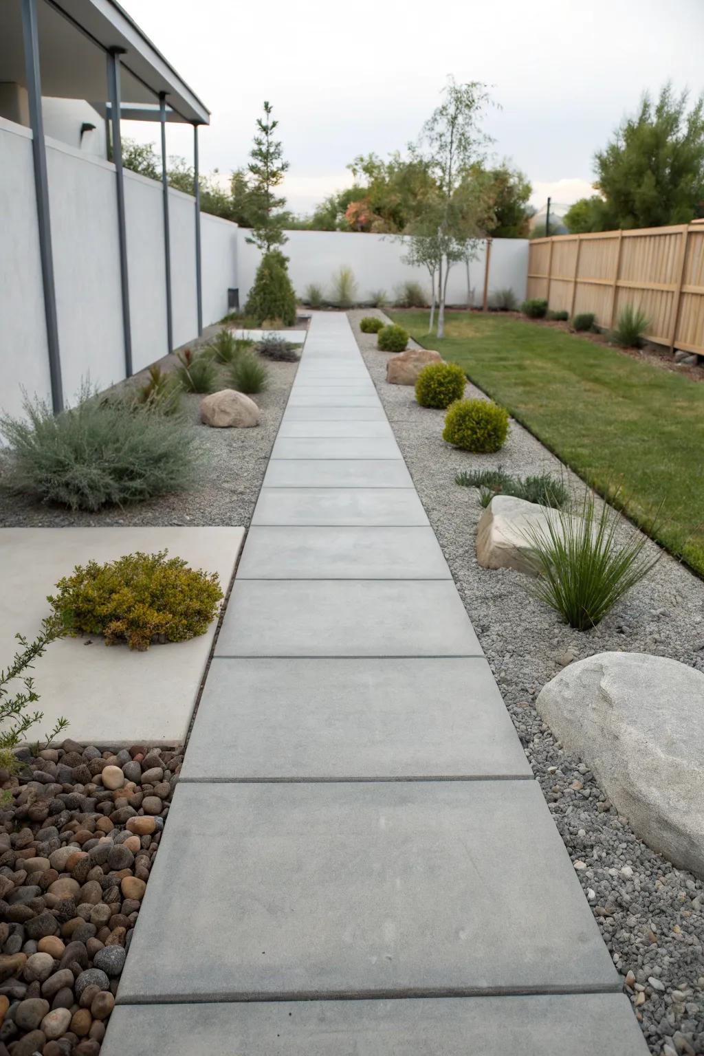 A modern concrete path adds a stylish touch to the garden landscape.