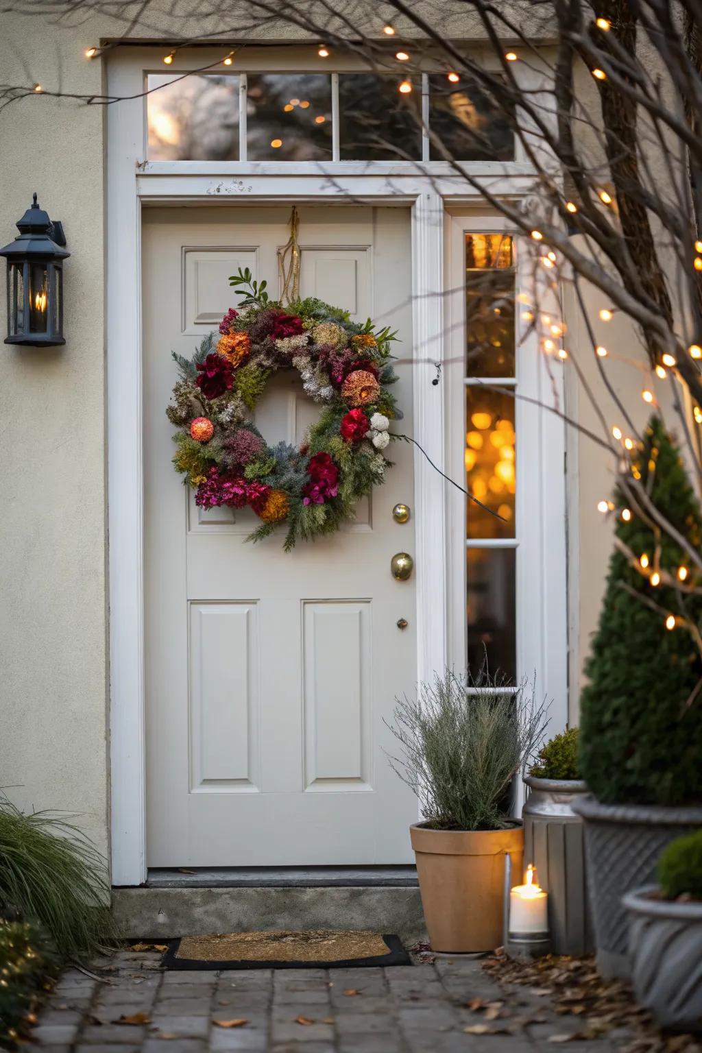 A seasonal wreath adding a festive touch to a front door.