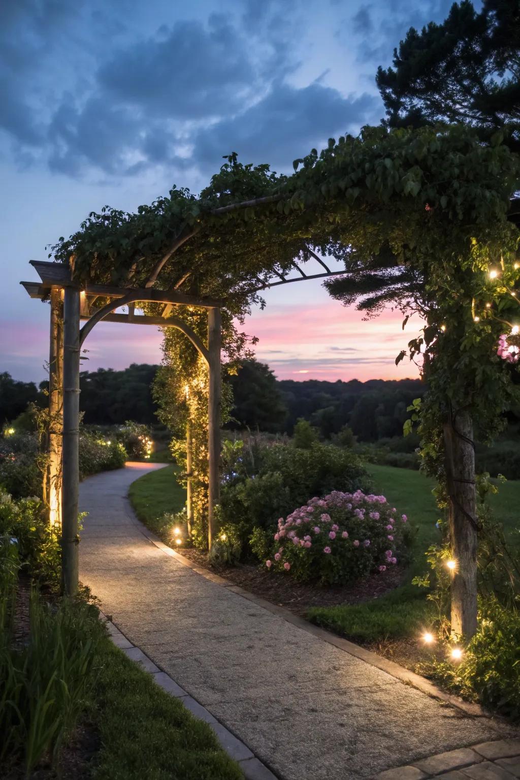Integrated lighting transforms an arbor into a captivating nighttime feature.