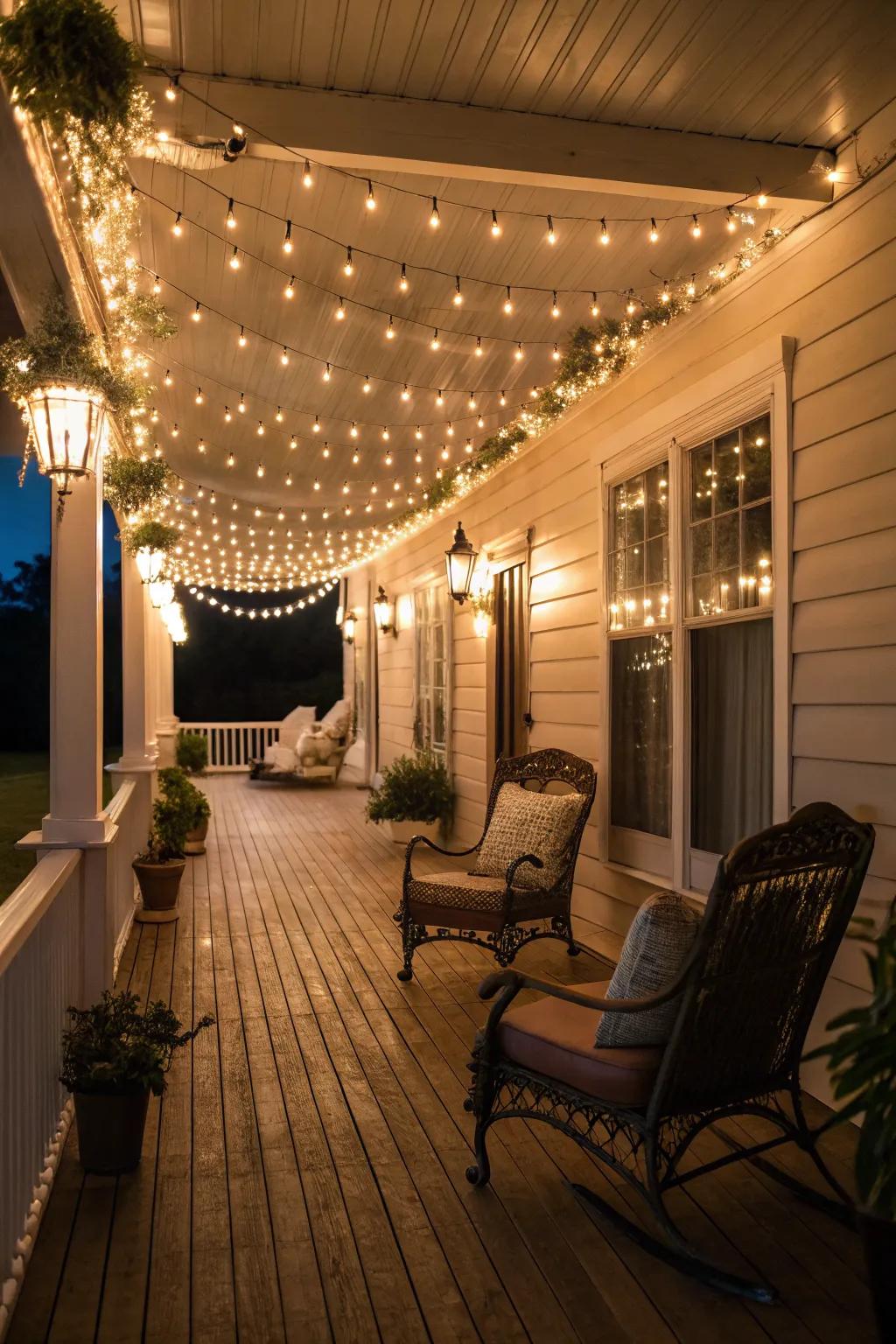 Porch lighting creates a warm and inviting atmosphere for evening enjoyment.