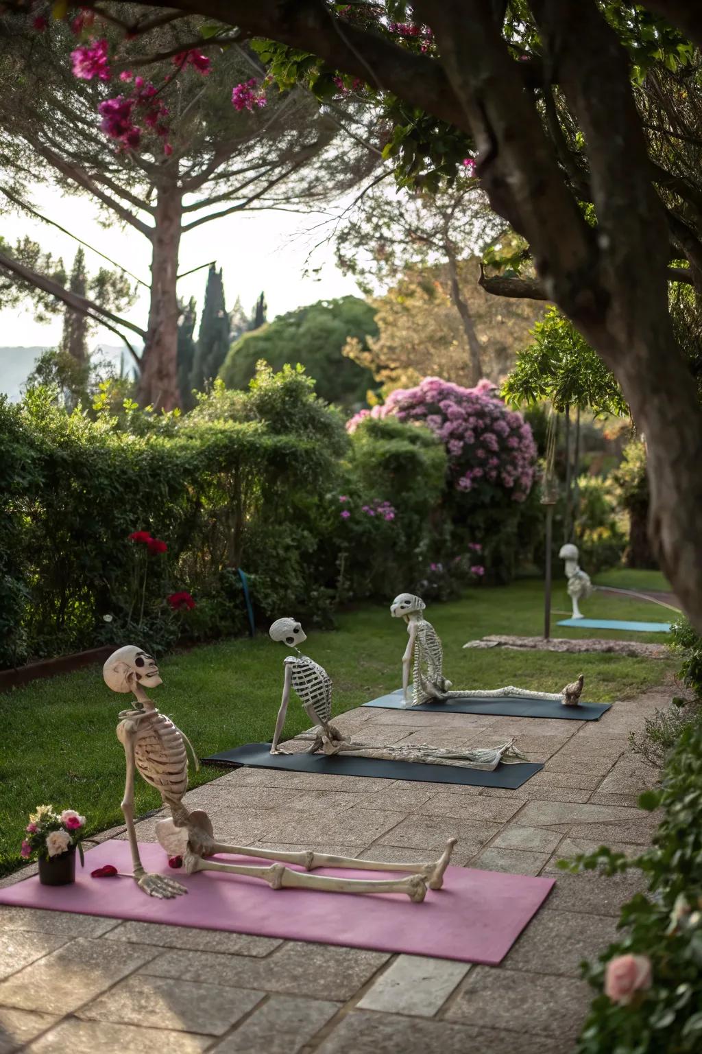 Yoga skeletons finding their balance in a peaceful Halloween display.