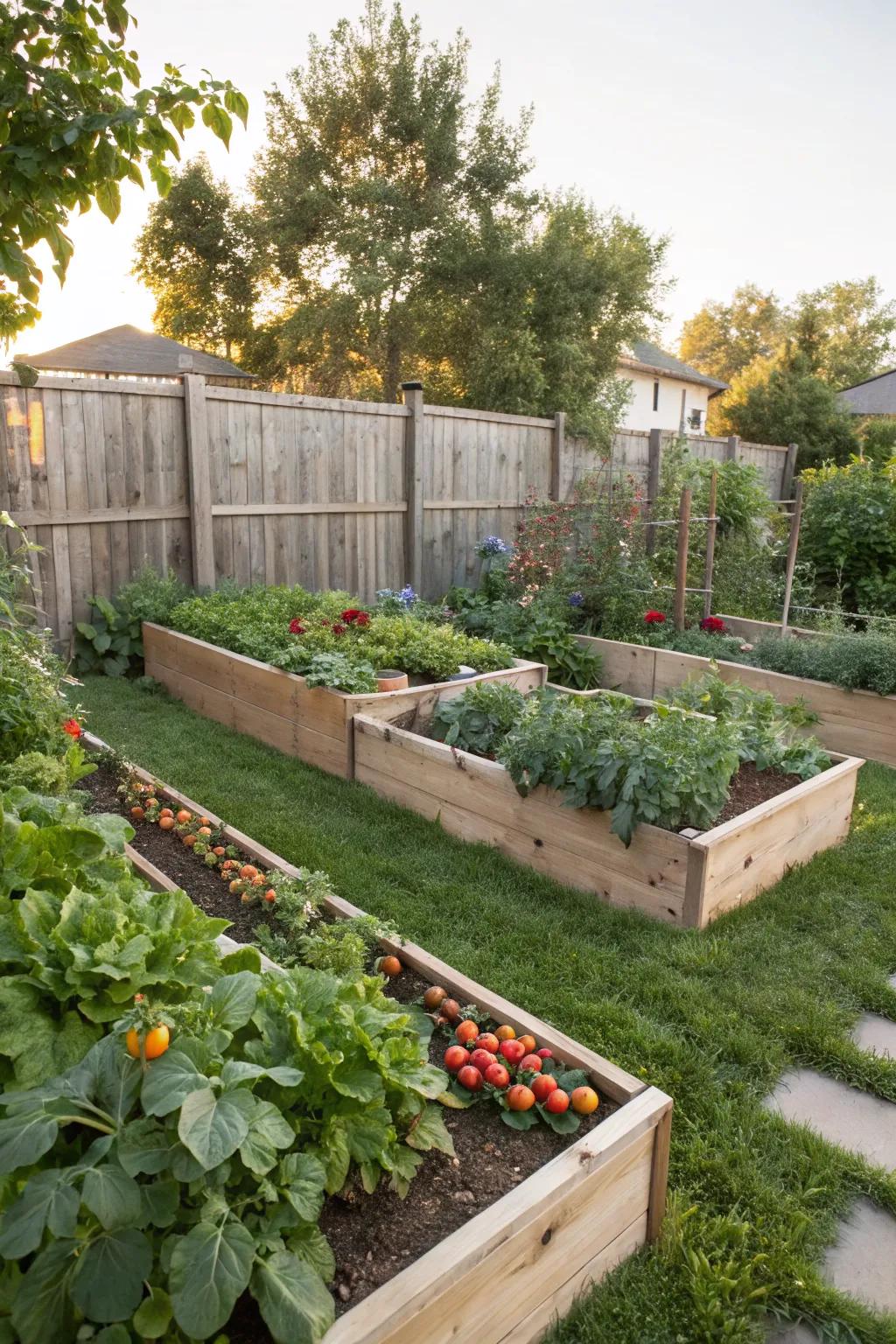 Raised garden beds bring both beauty and practicality to sloped backyards.
