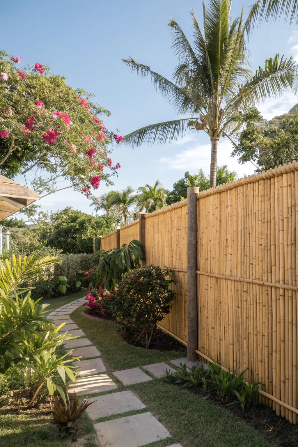 A tropical-themed backyard with an eco-friendly bamboo slat fence.