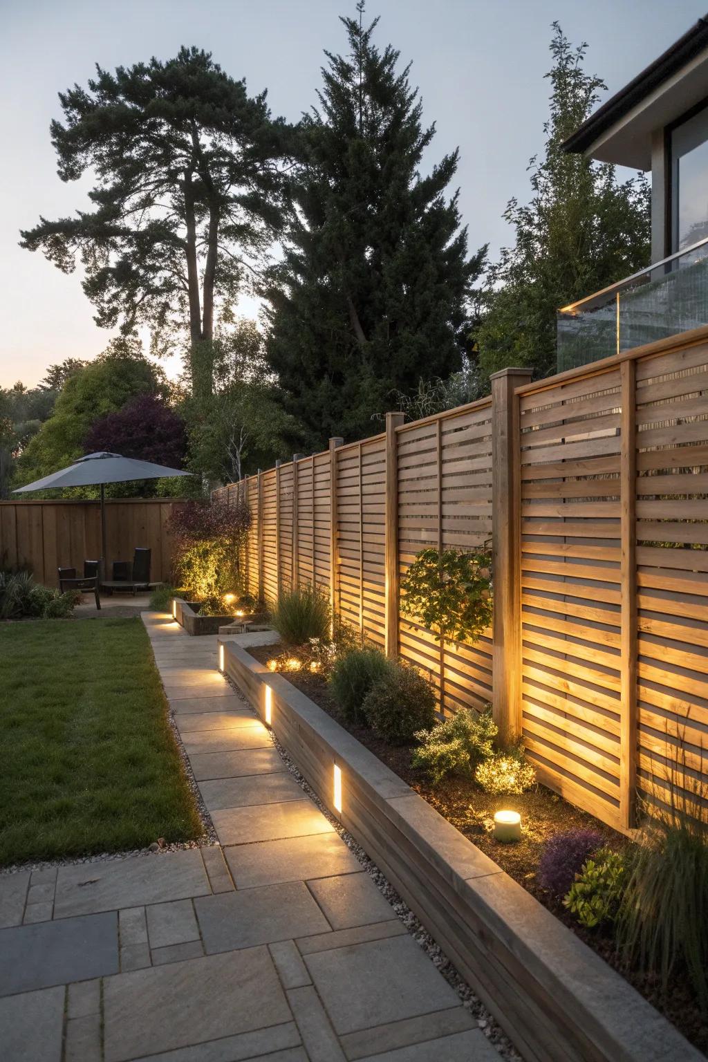 A beautifully illuminated fence with integrated lighting for evening charm.