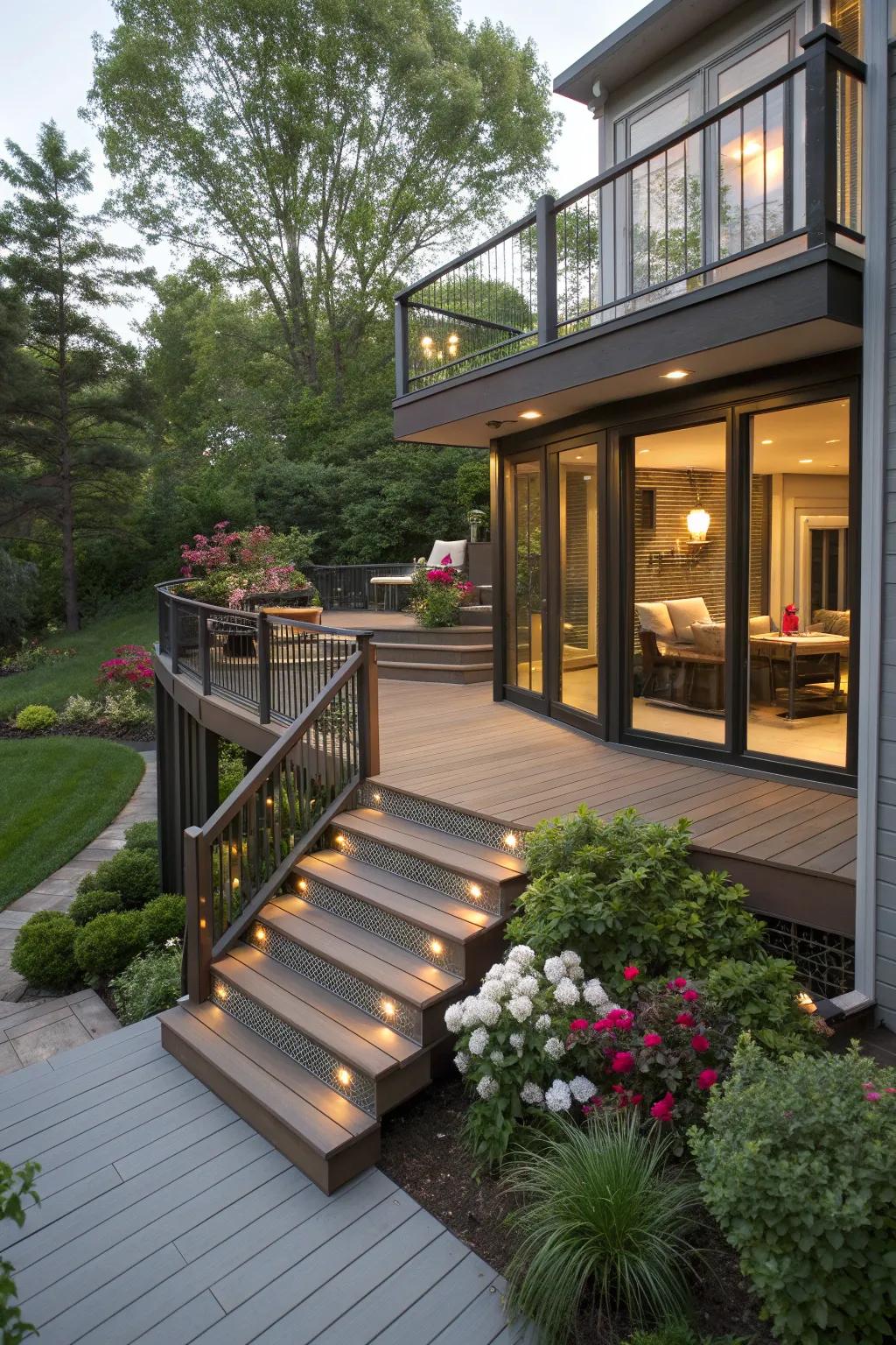 A multi-level deck with steps adds a dynamic transition from indoor to outdoor spaces.