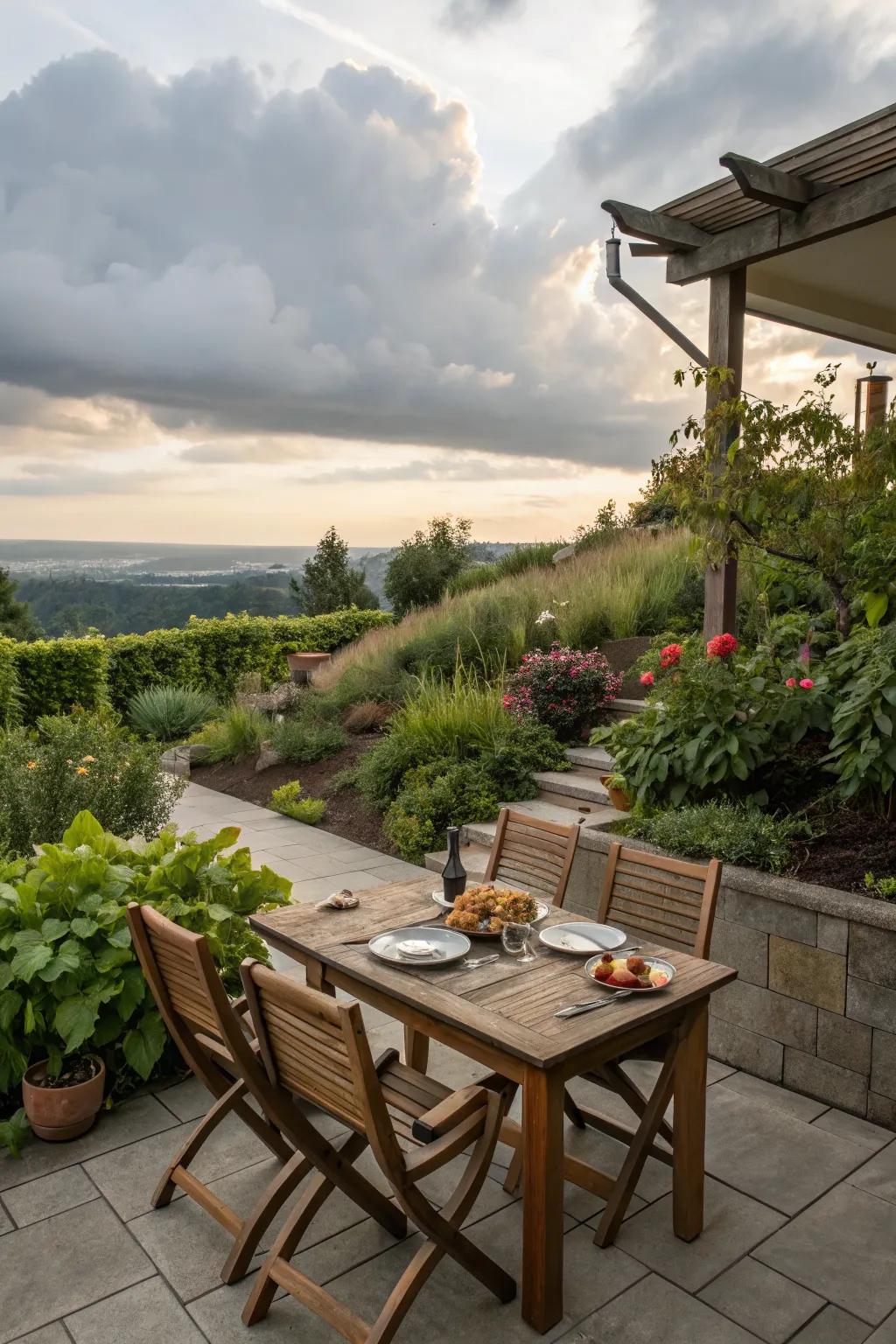 An outdoor dining setup with a picturesque garden view.