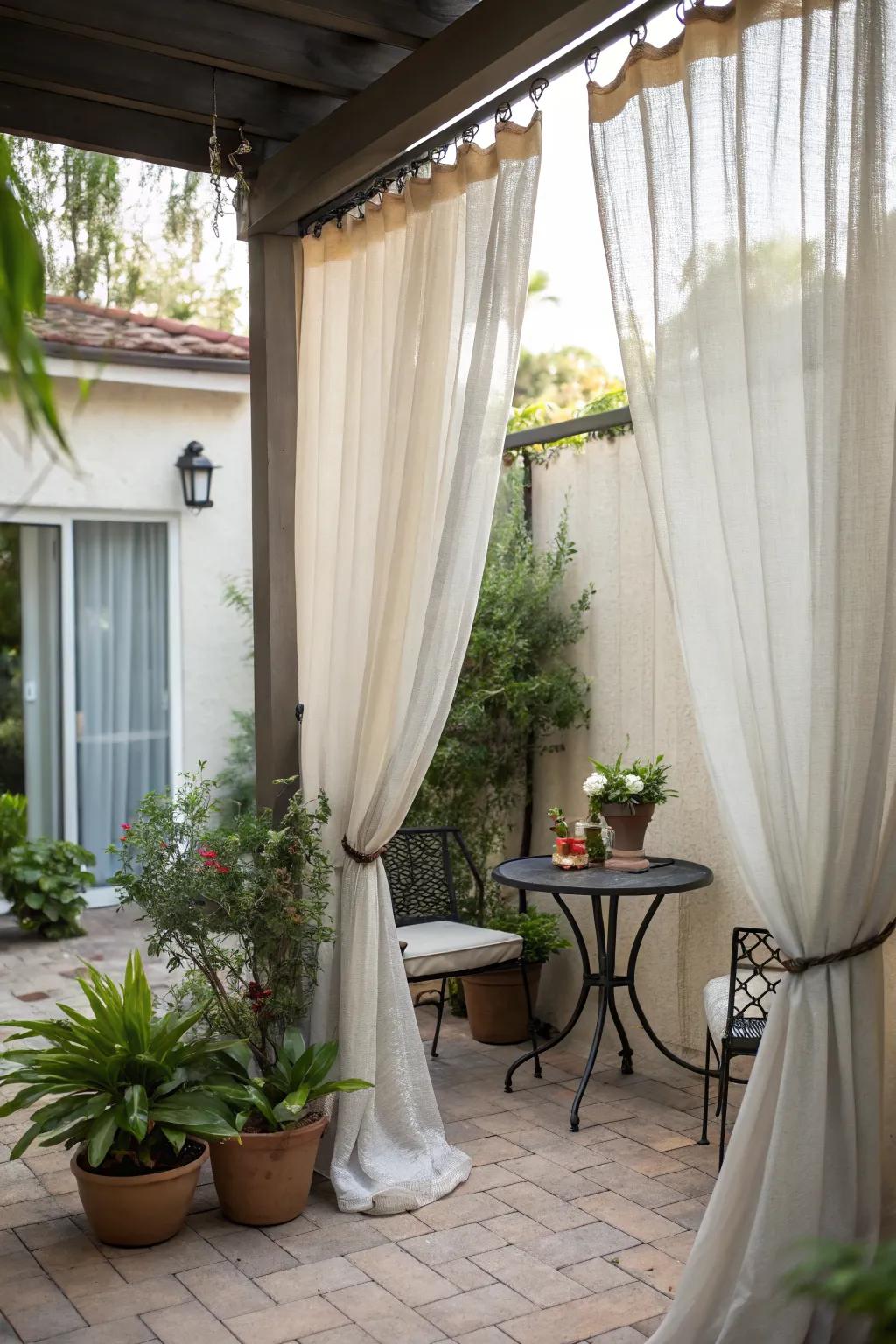 Outdoor curtains offer elegance and seclusion.