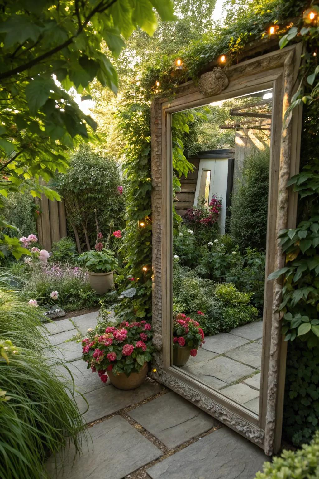 A large mirror reflects plants, enhancing the sense of space.