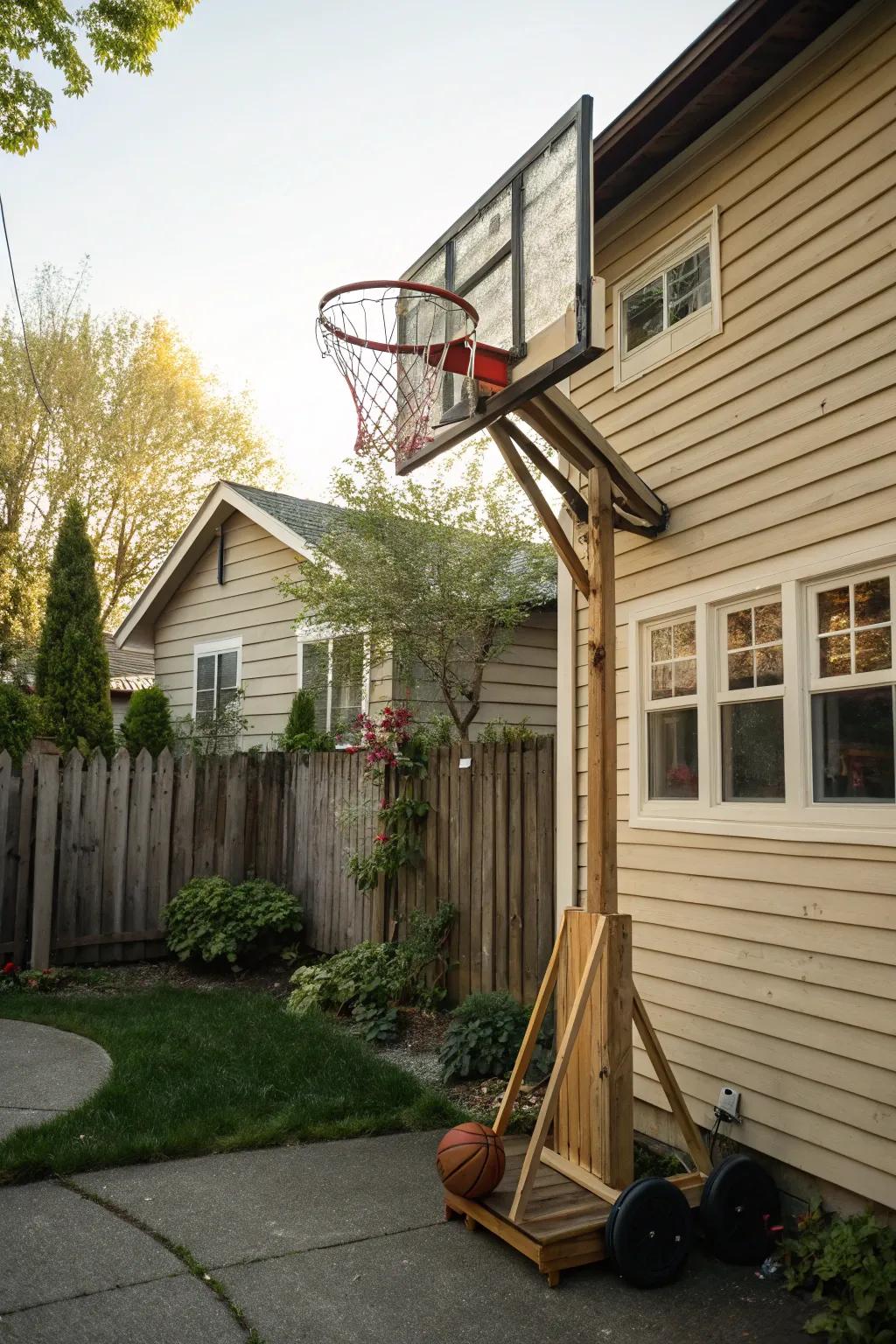 A conveniently located backyard basketball court