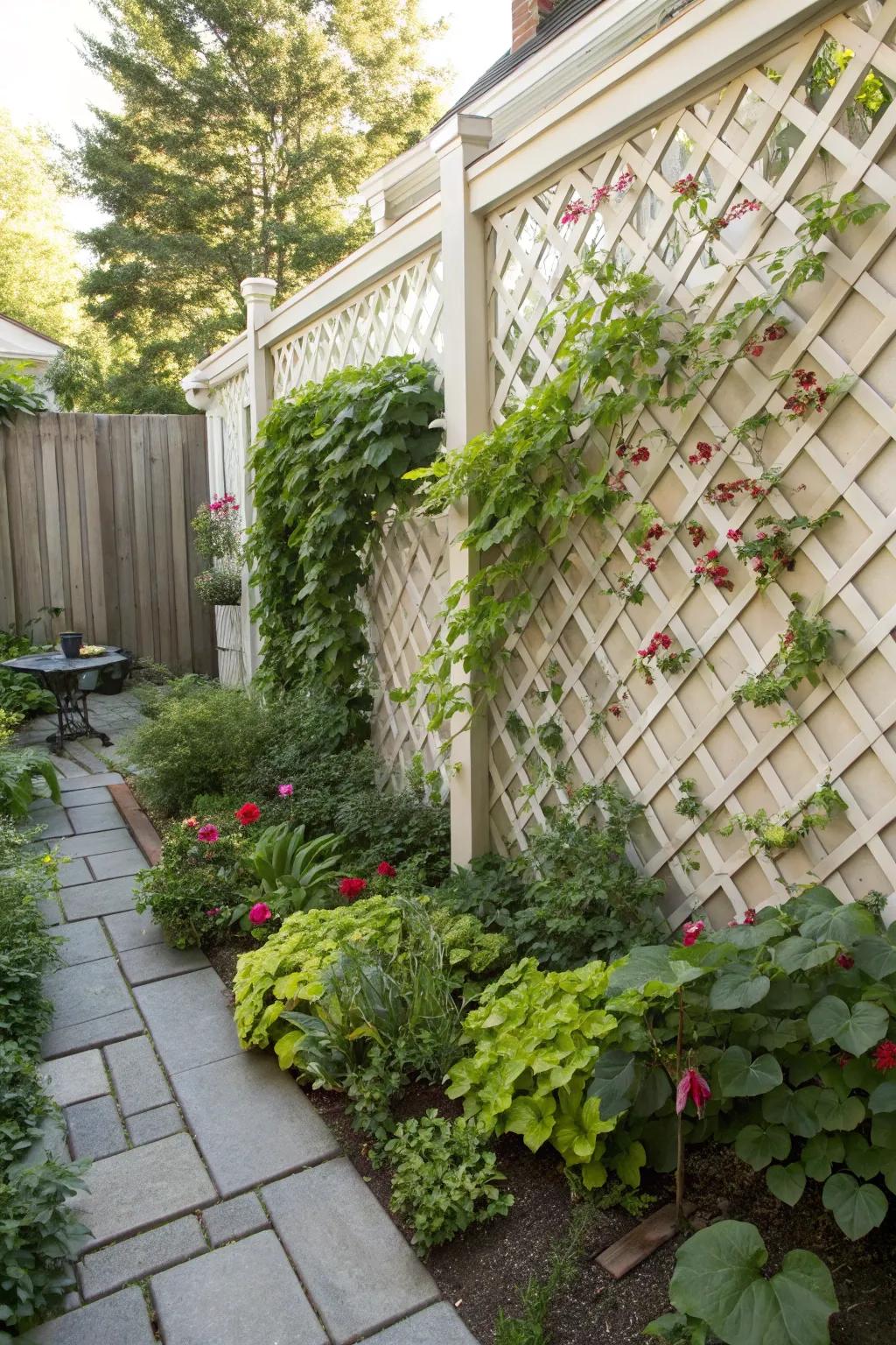 Climbing plants on lattice panels create vertical beauty.