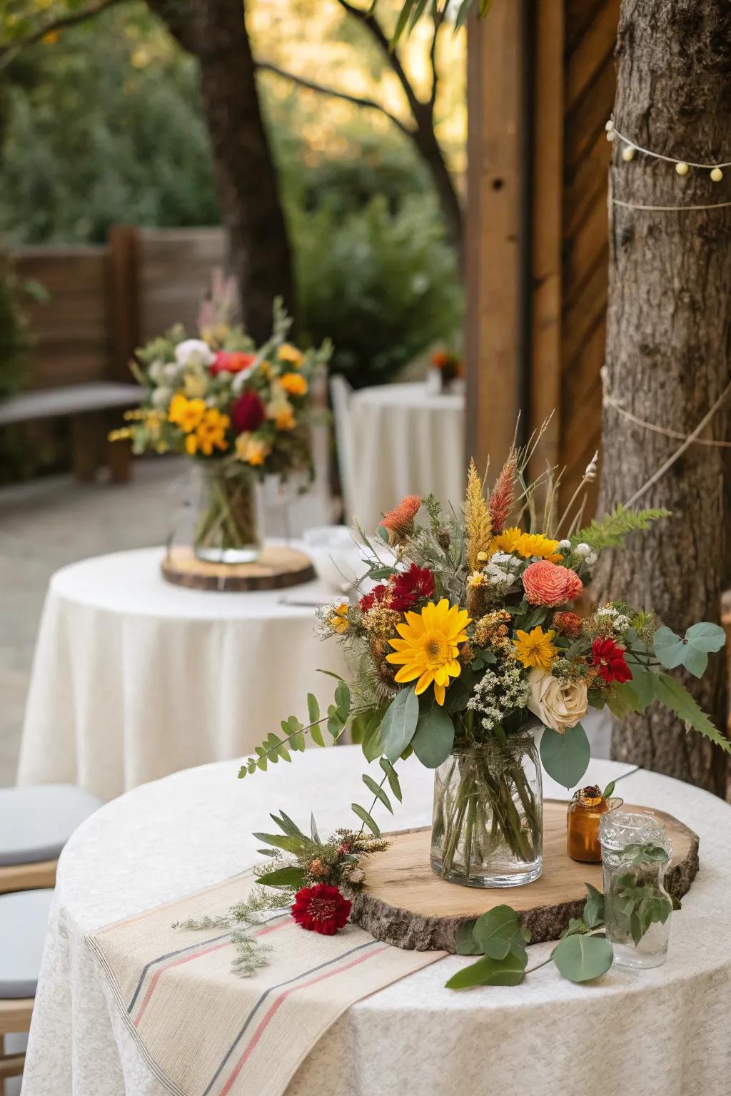 Floral arrangements bring natural beauty to the party setting.