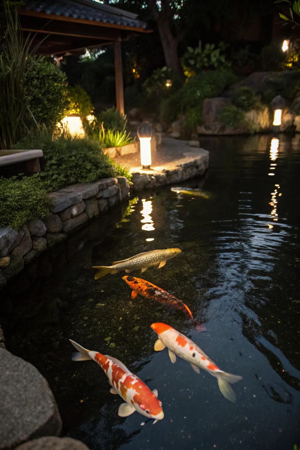 Underwater lighting brings your pond to life after dark.