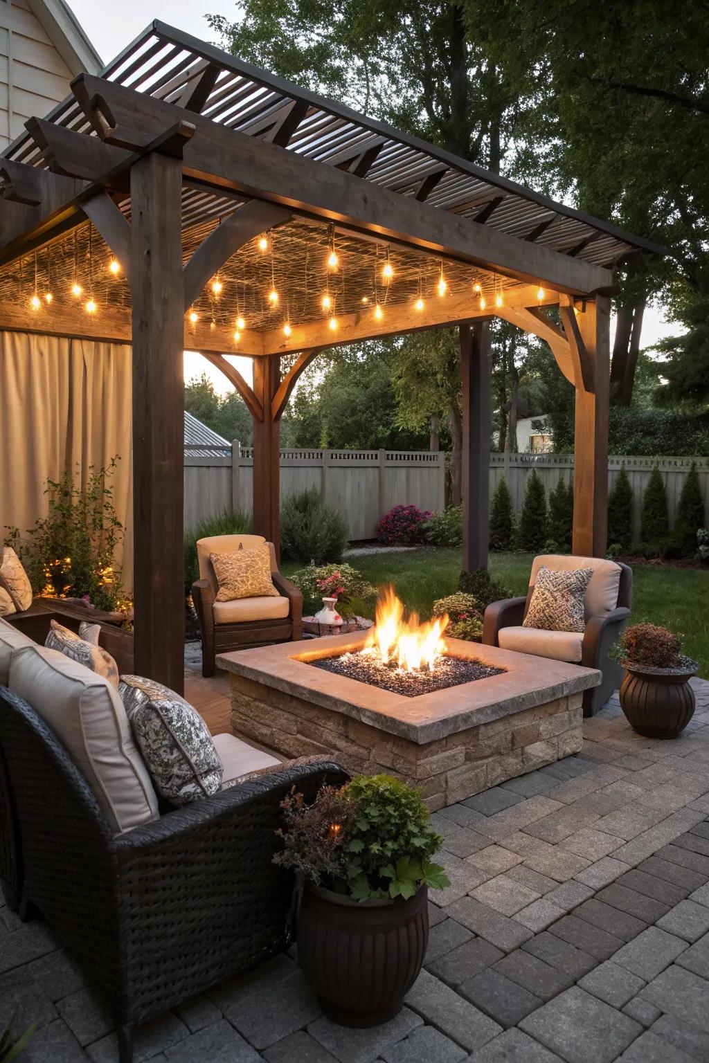 A touch of elegance with a pergola over the fire pit.