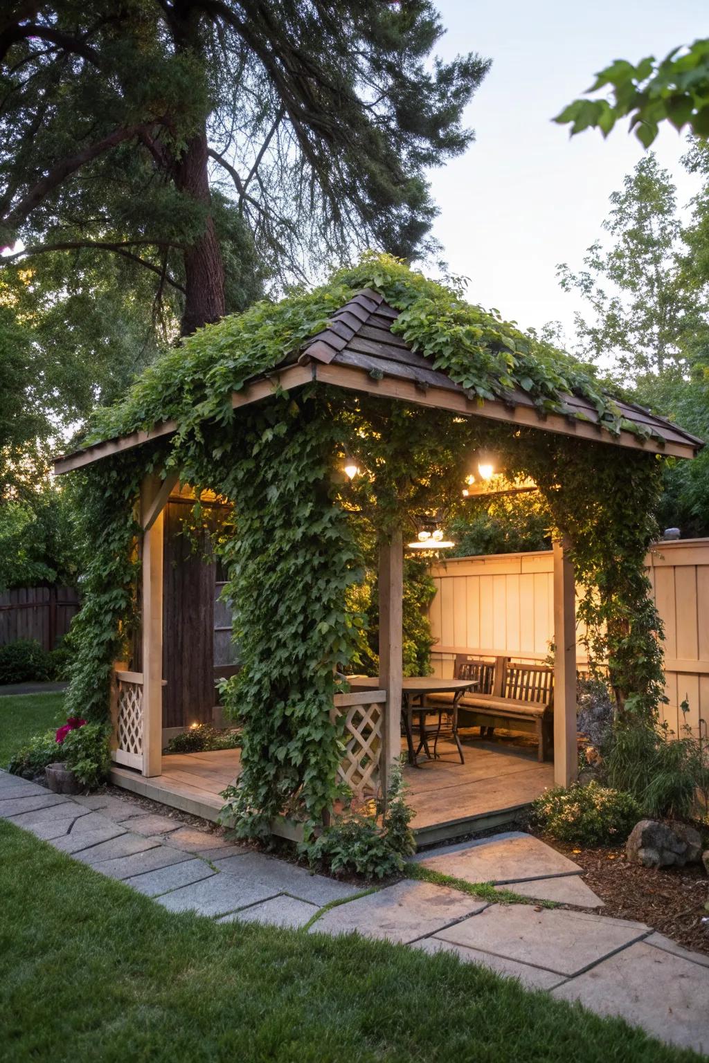 A pavilion with a pergola-style roof providing charm and shade.