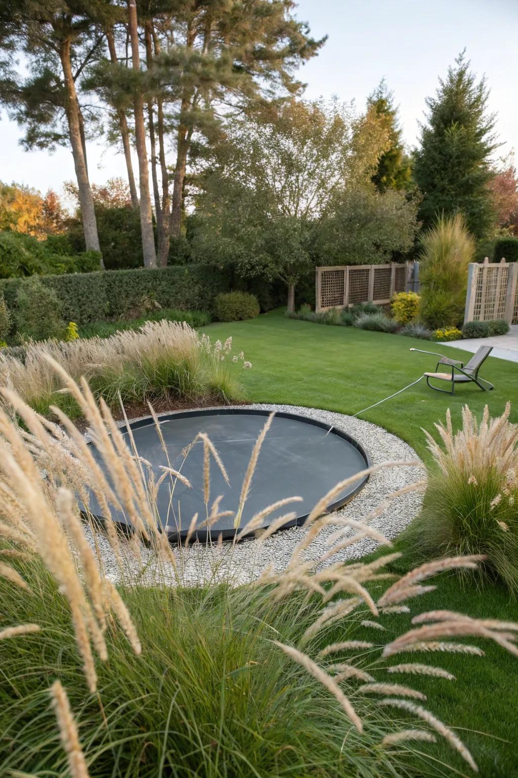 A sunken trampoline that seamlessly integrates into the landscape.