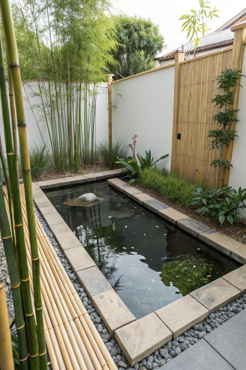 A serene backyard pond with zen garden elements.